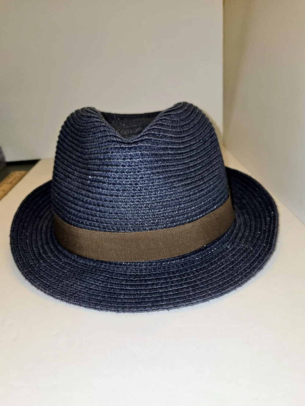 Navy Woven Fedora with Brown Band